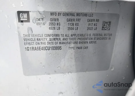 2012 Chevrolet Volt from USA, damaged, VIN 1G1RA6E40CU103895
